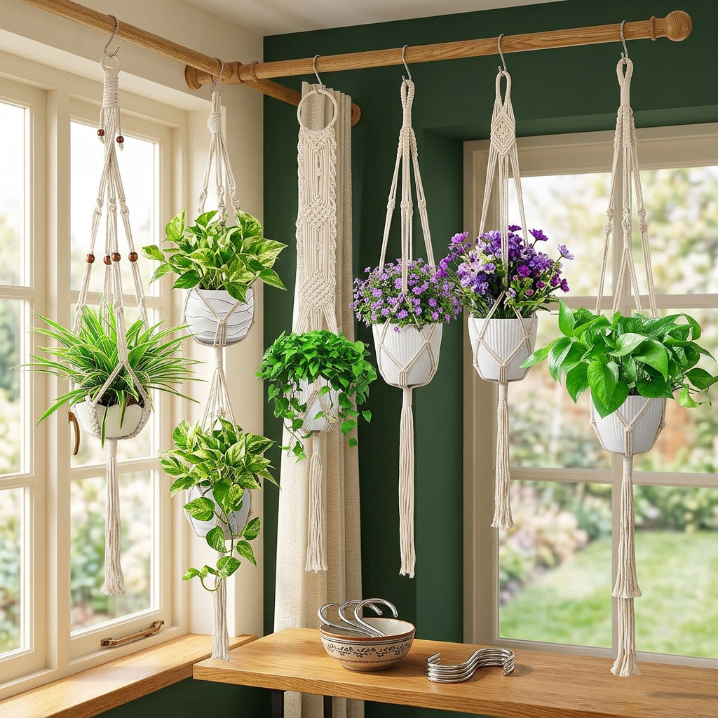 Macrame Plant Hangers 7 Pack with Hooks, Boho Style