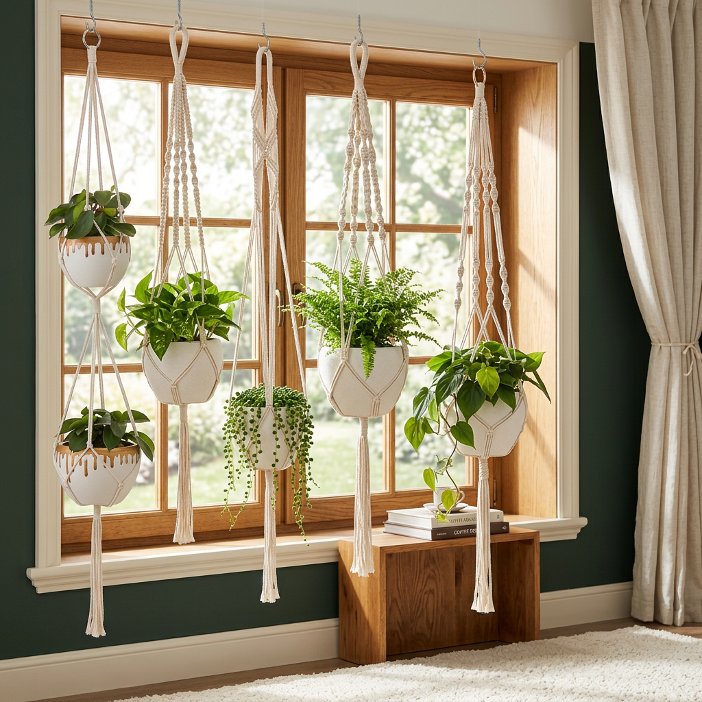 Macrame Plant Hangers 6 Pack, Large Handmade with Hooks