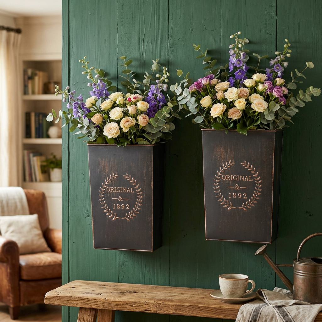 Metal Wall Planters 2 Pack, Rustic Farmhouse Wall Vases
