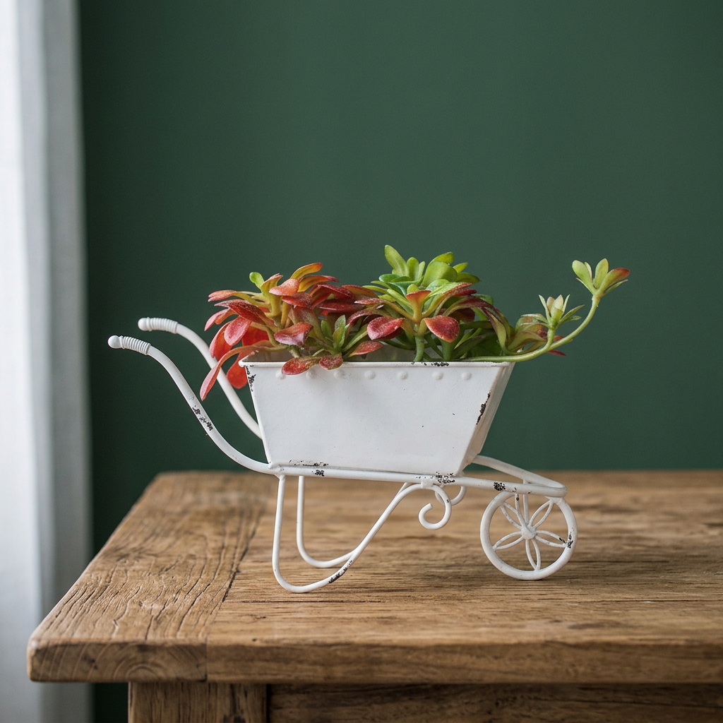 Wheelbarrow Planter, Distressed White Metal Tabletop Decor
