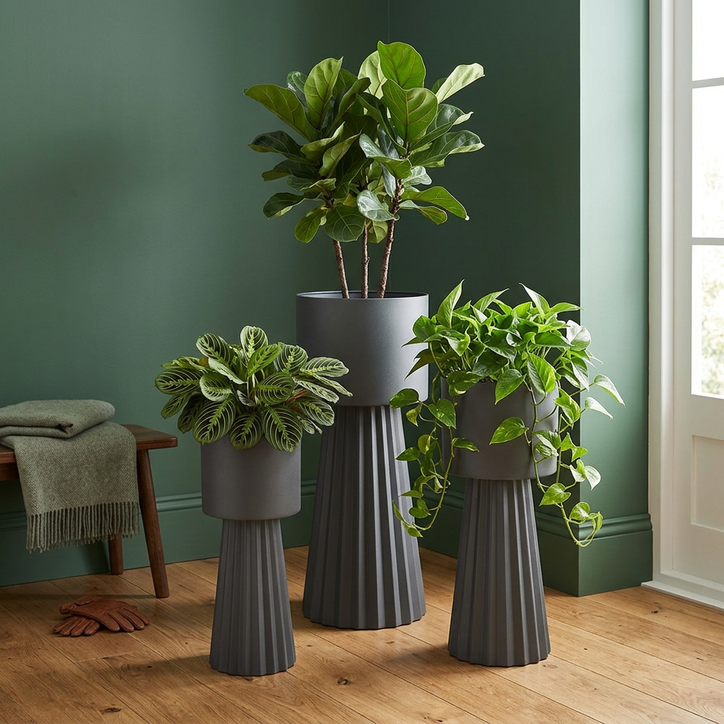Tall Metal Planters with Stands, Set of 3 Dark Gray