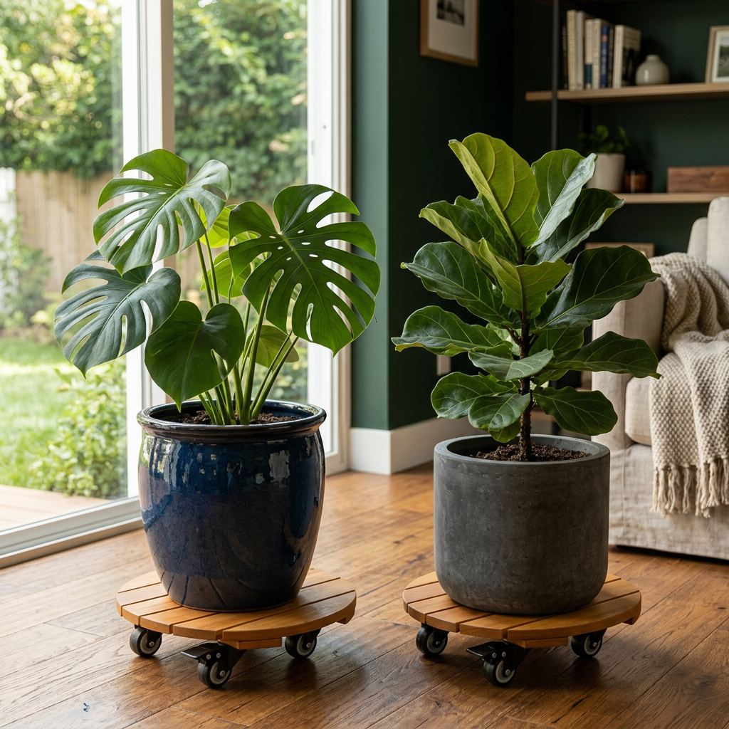 Wooden Plant Caddy with Wheels, Set of 2 Acacia Movers
