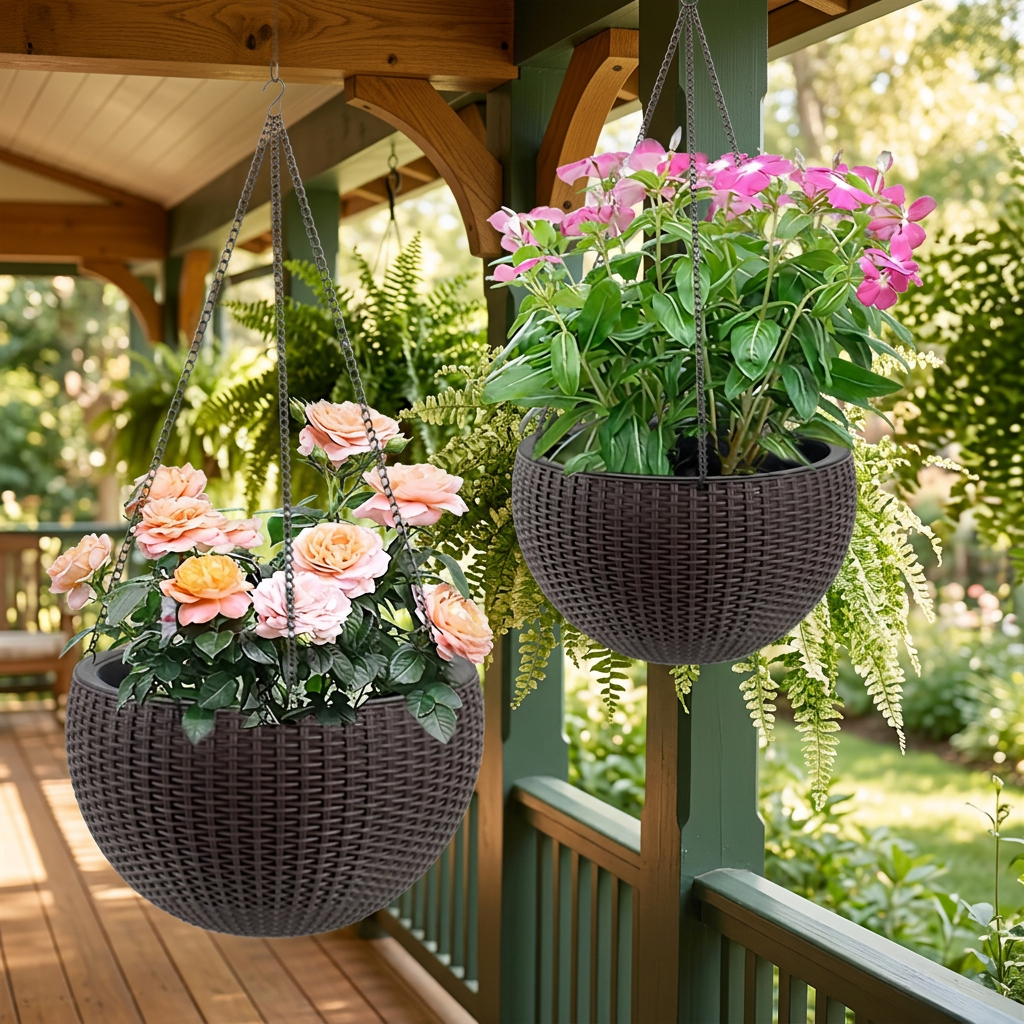 Self-Watering Hanging Planter 13.4", Rattan Look 2 Pack