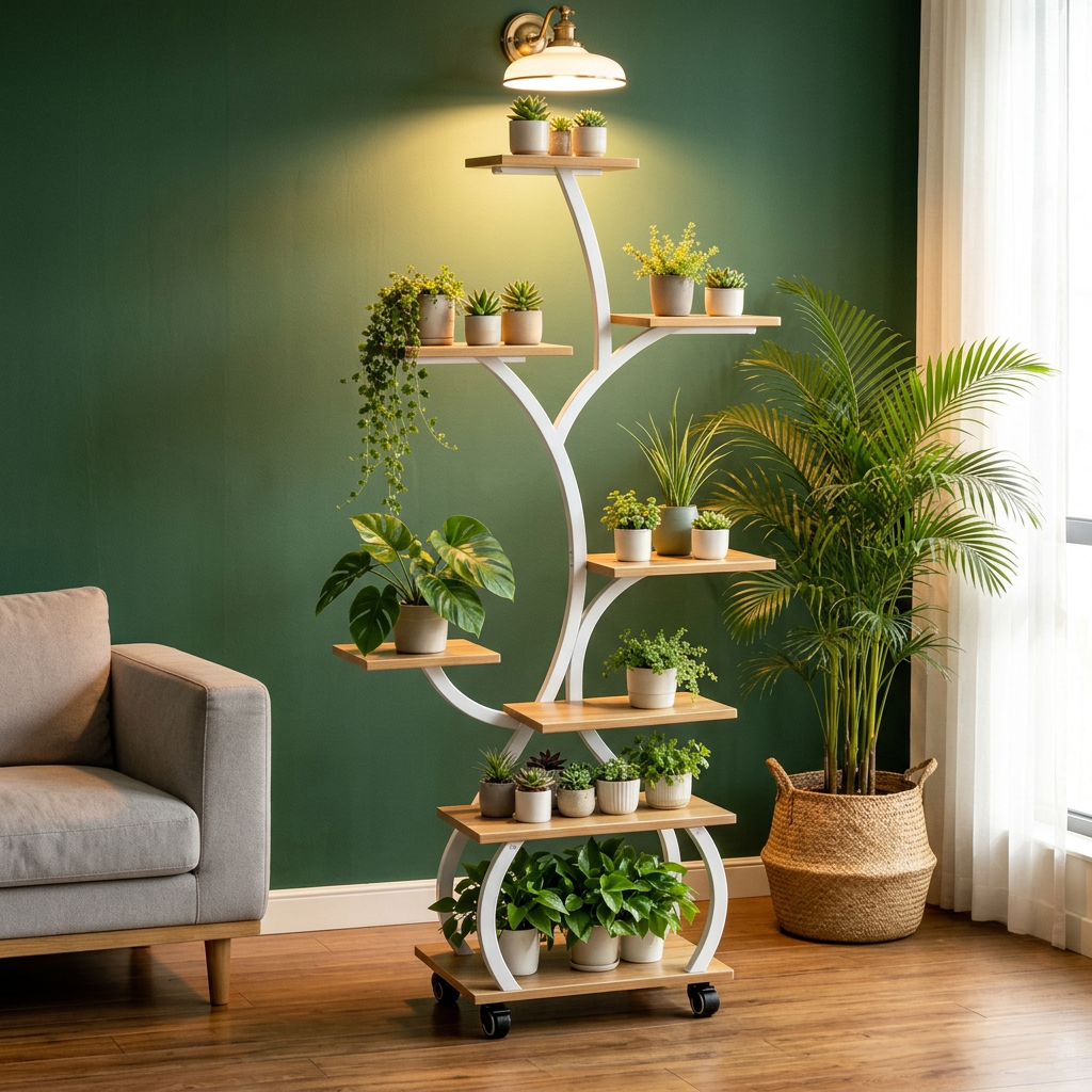 Tree Plant Stand with Grow Light, 8-Tier White and Oak