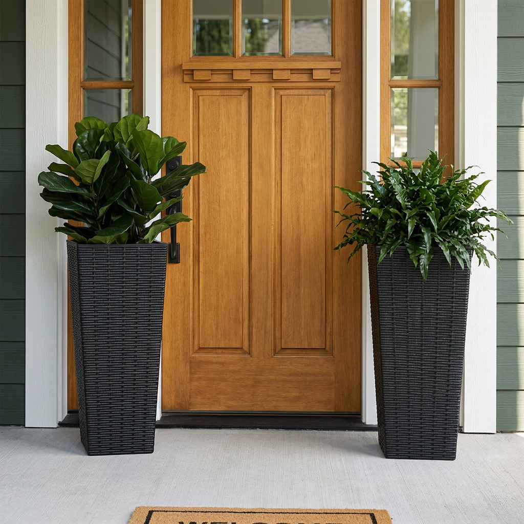 Tall Planters Set of 2, Black Rattan Look Resin Pots