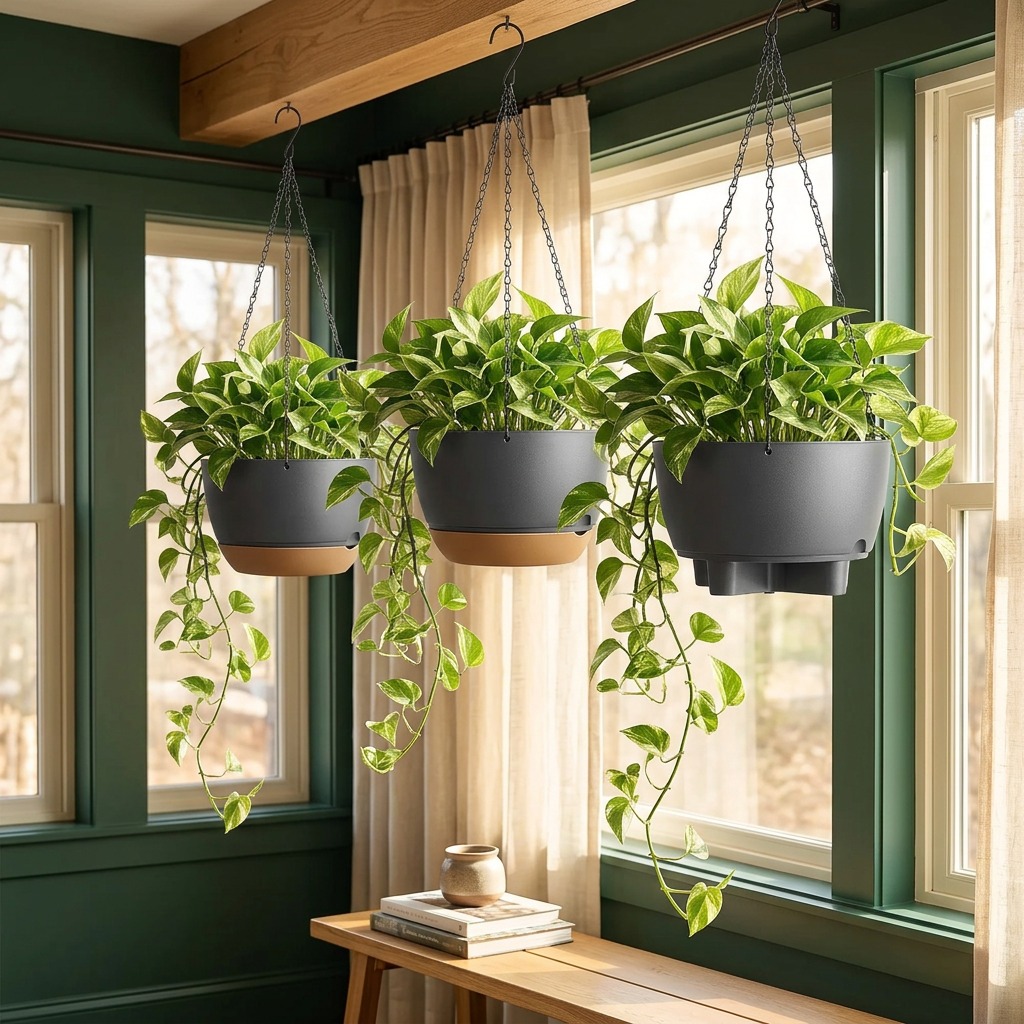 Hanging Planters 4 Pack, 9.6" Gray with Drainage Tray