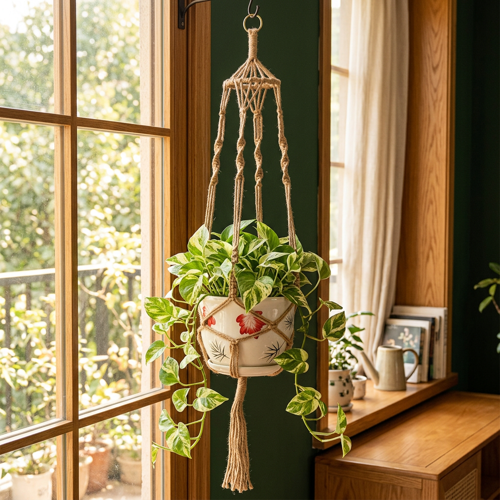 Macrame Plant Hanger, Vintage Handwoven Cotton and Hemp