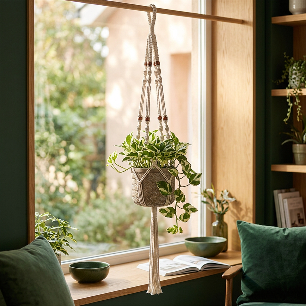 Macrame Hanging Basket, Handmade Cotton Plant Holder