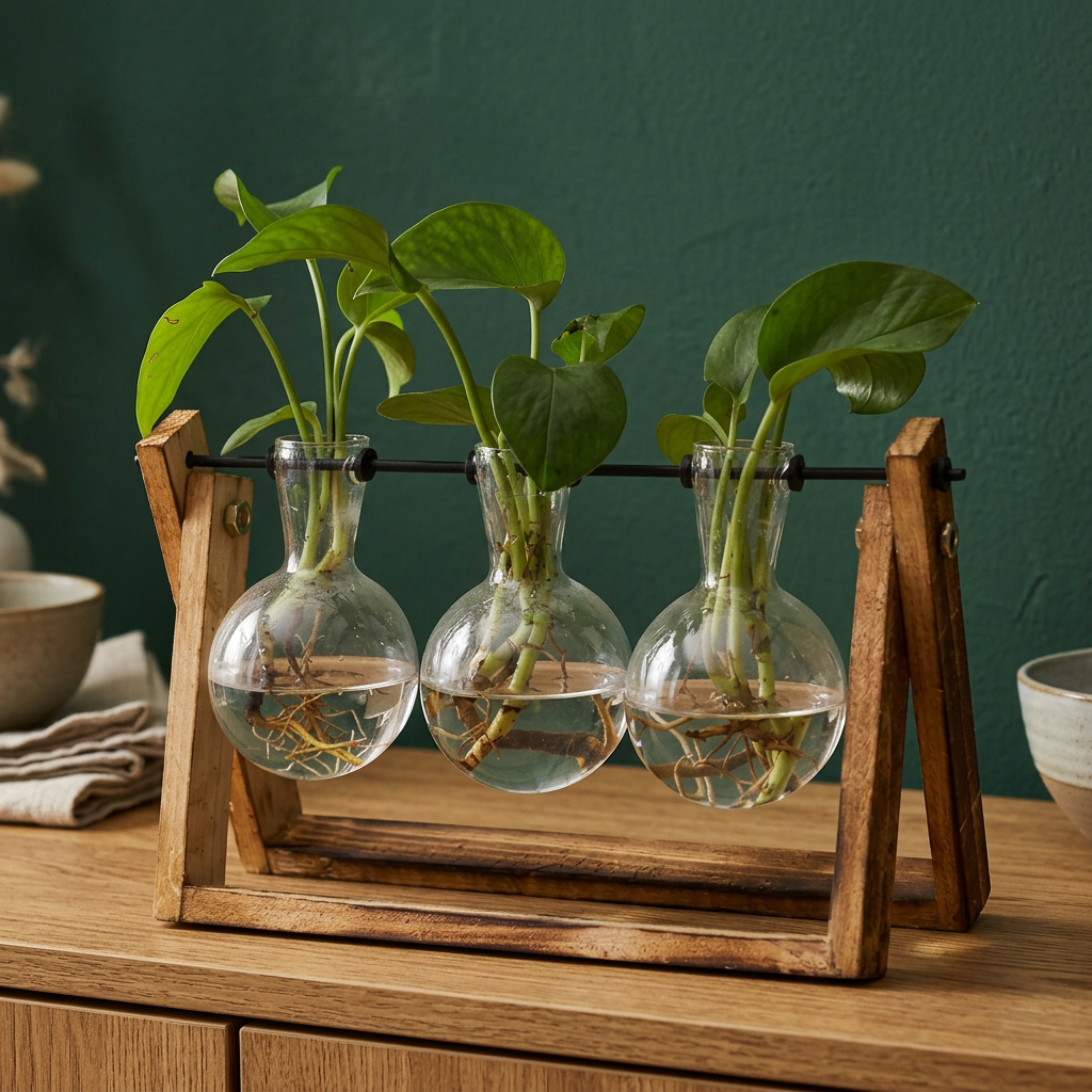 Glass Terrarium Propagation Stand, 3 Bulbs on Wood Base