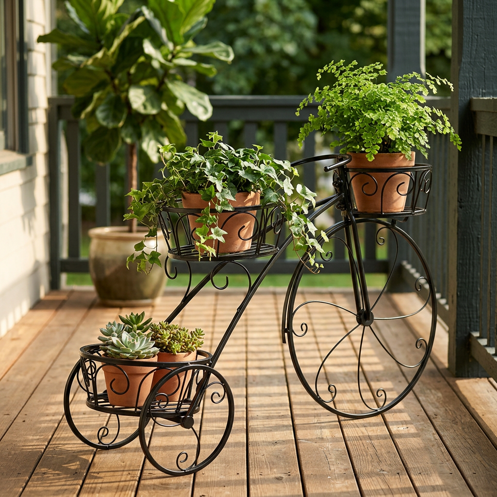 Tricycle Plant Stand, 3-Tier Black Iron Basket Display