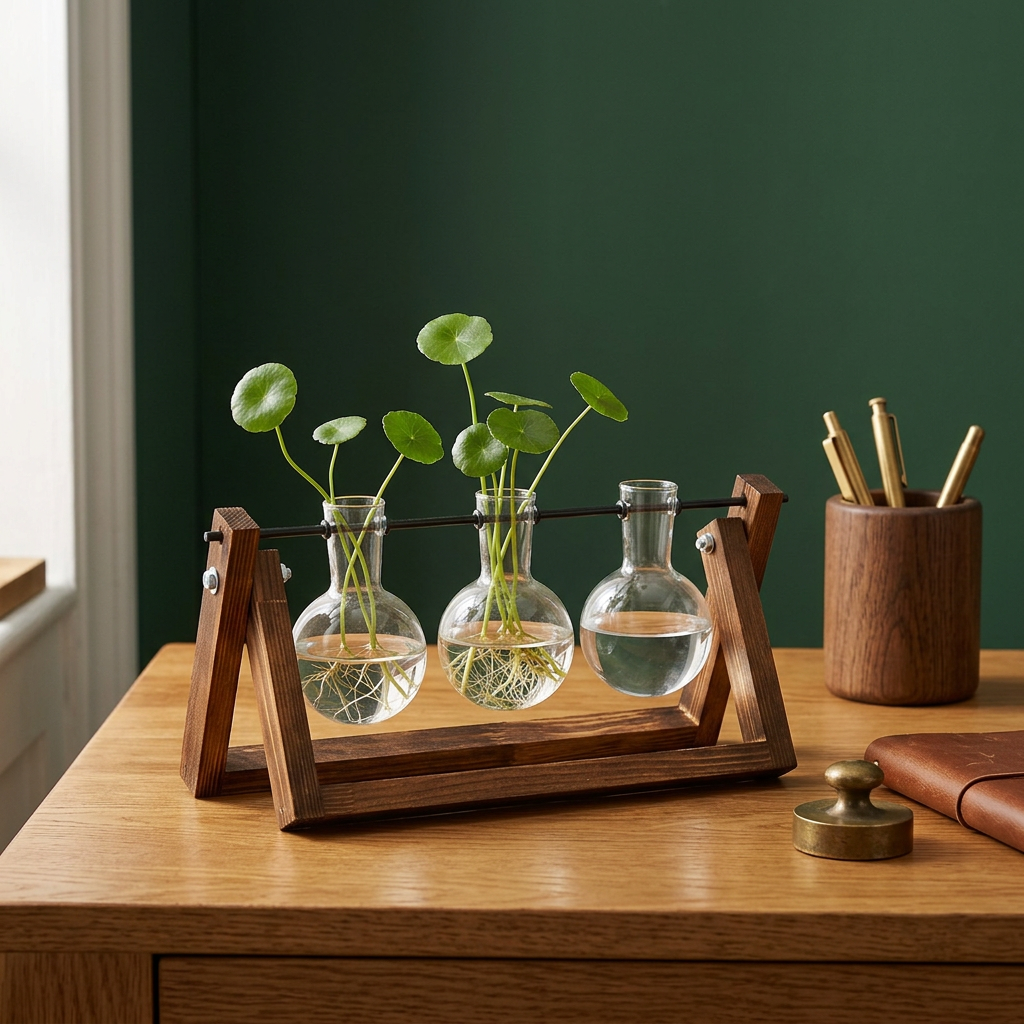 Hydroponic Glass Vase in Swing Wood Stand, 1 or 2 Bulbs