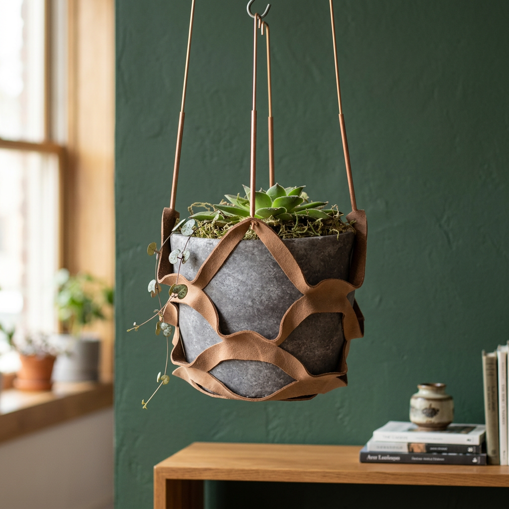 Leather Wall Planter Holder, Boho Rope Pot Hanger
