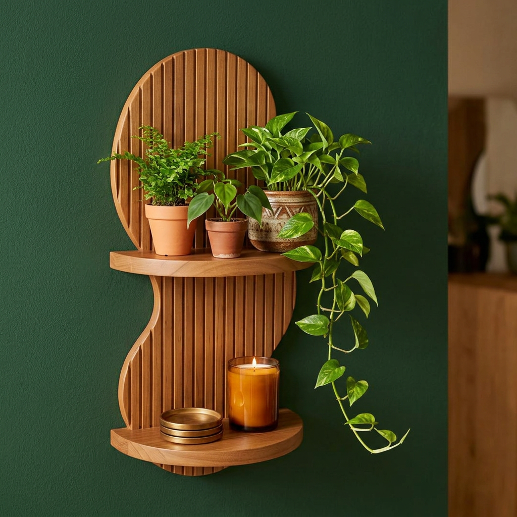 Floating Wall Plant Shelf, 2-Tier Solid Wood Display