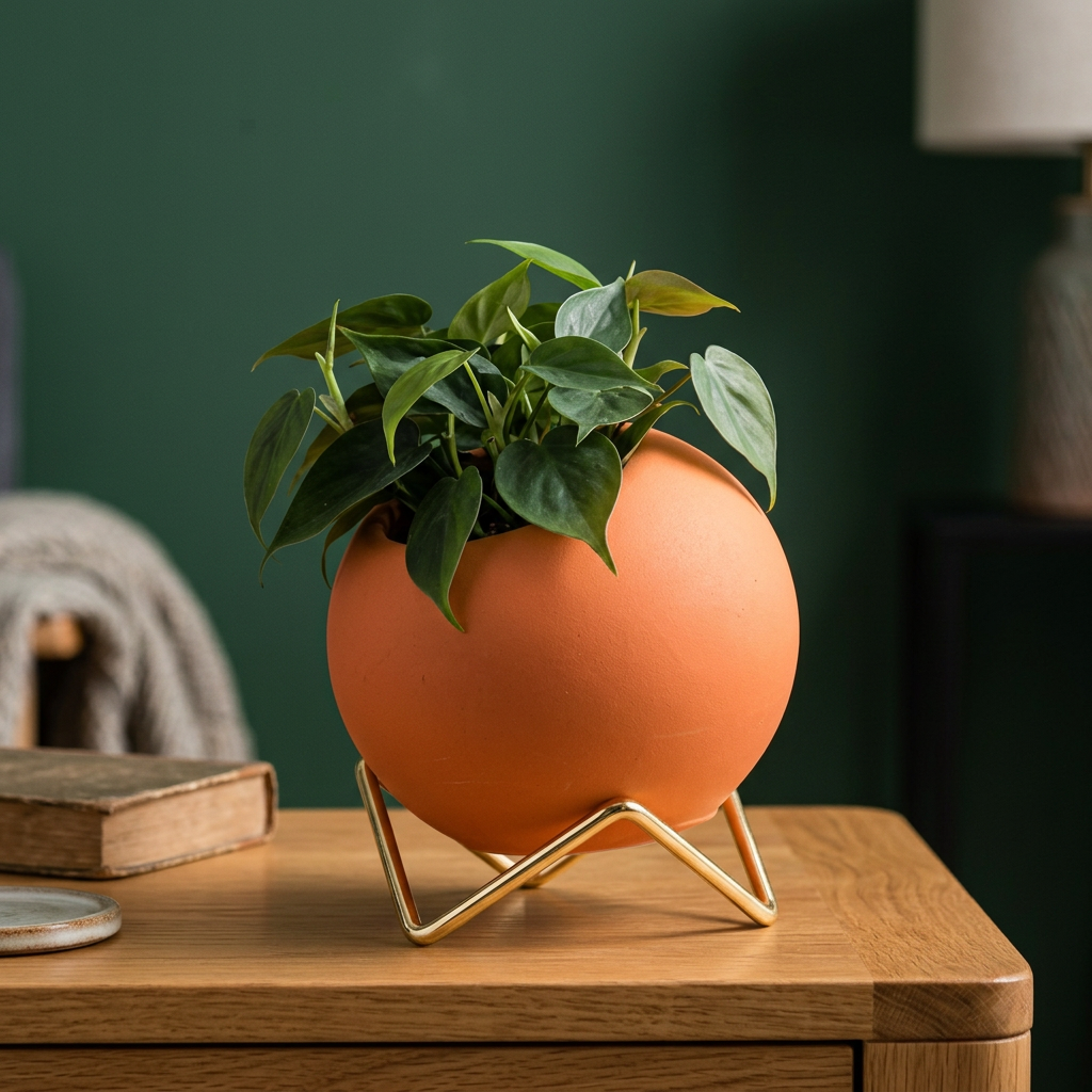 Ceramic Planter with Gold Stand, 4.1" Glazed Pot