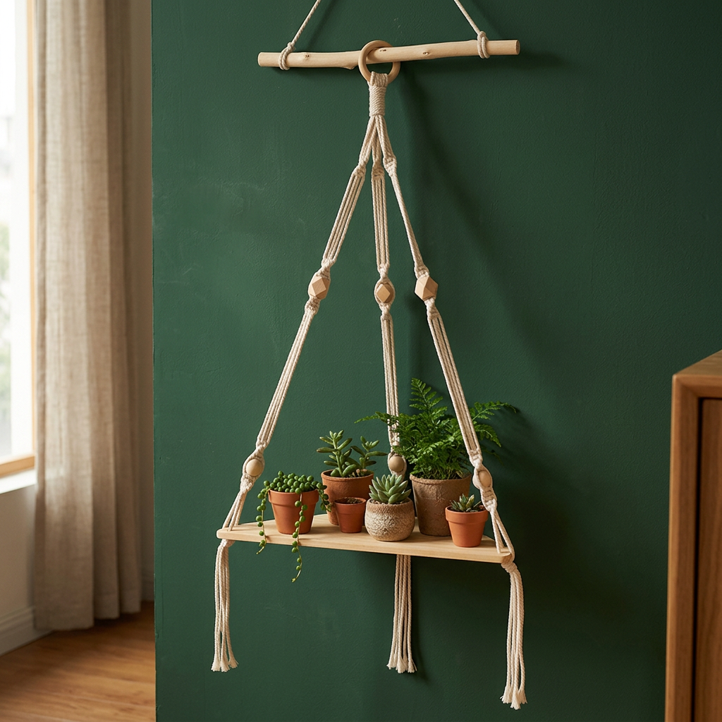 Macrame Wall Hanging Shelf, Boho Wood Plant Display