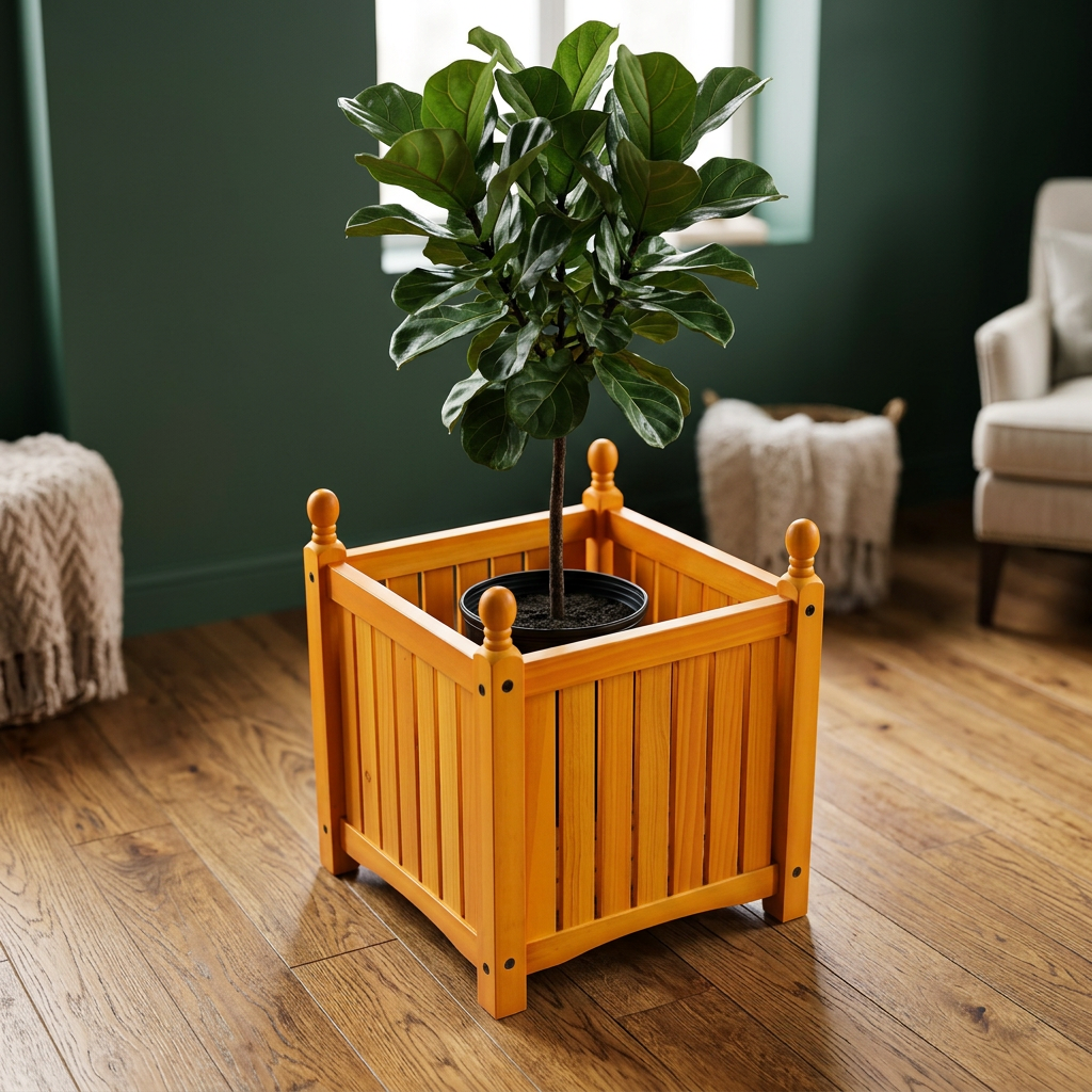Square Wooden Planter Box, 18.5" Teak Finish