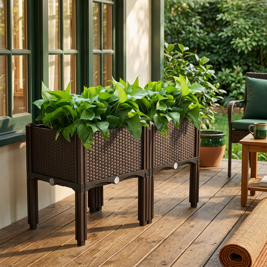 Rattan Look Planter Box Set of 2, Square Brown