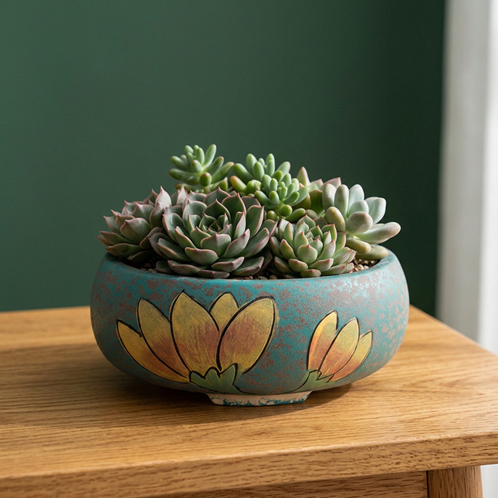 Hand-Painted Ceramic Succulent Bowl, Vintage Style