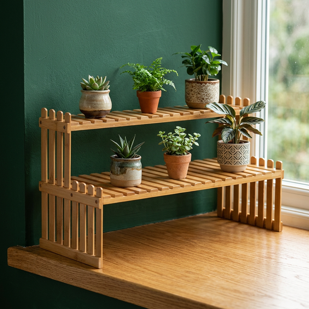 Bamboo Plant Stand 2-Tier, Tabletop Windowsill Shelf