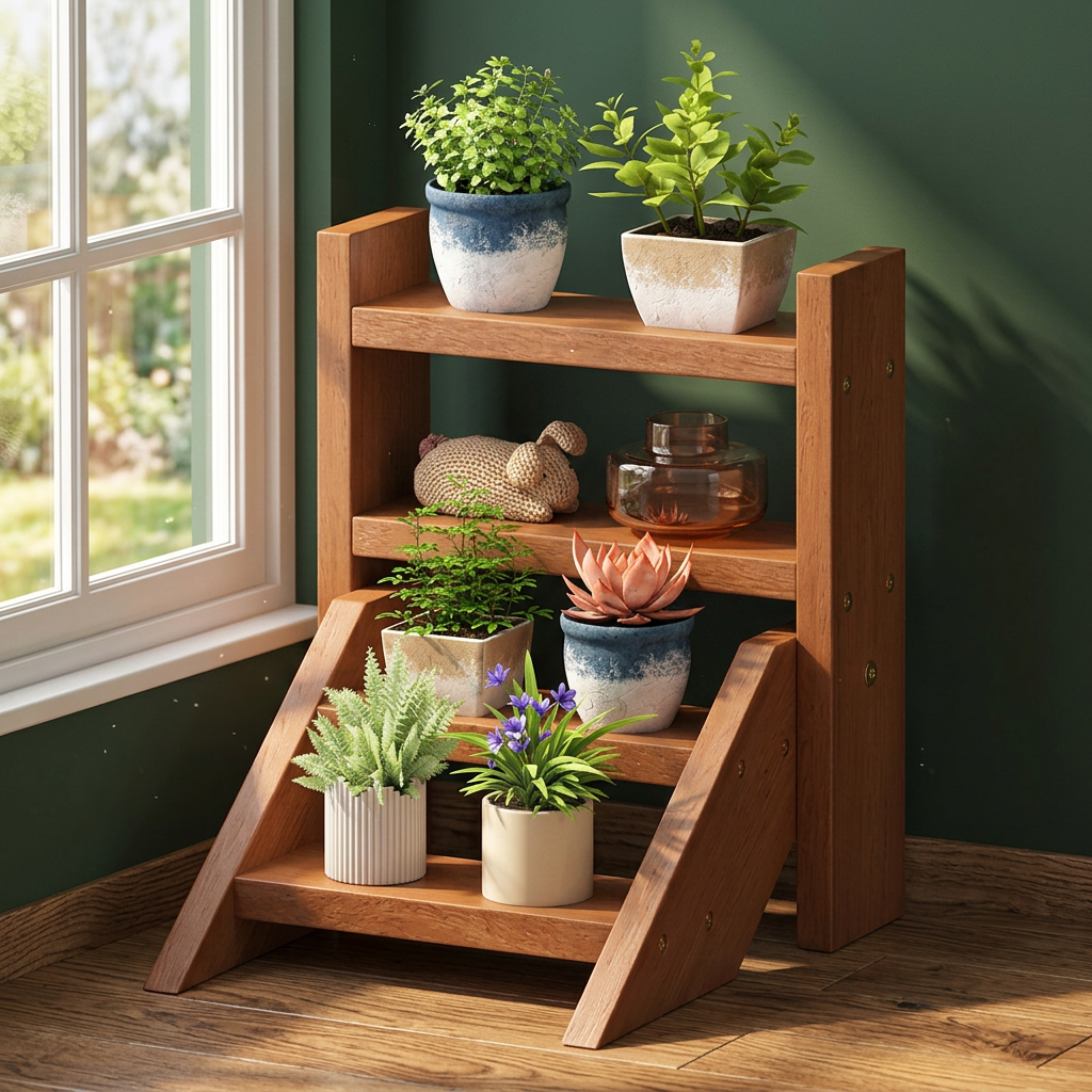 Tiered Wooden Plant Stand, Compact Succulent Rack