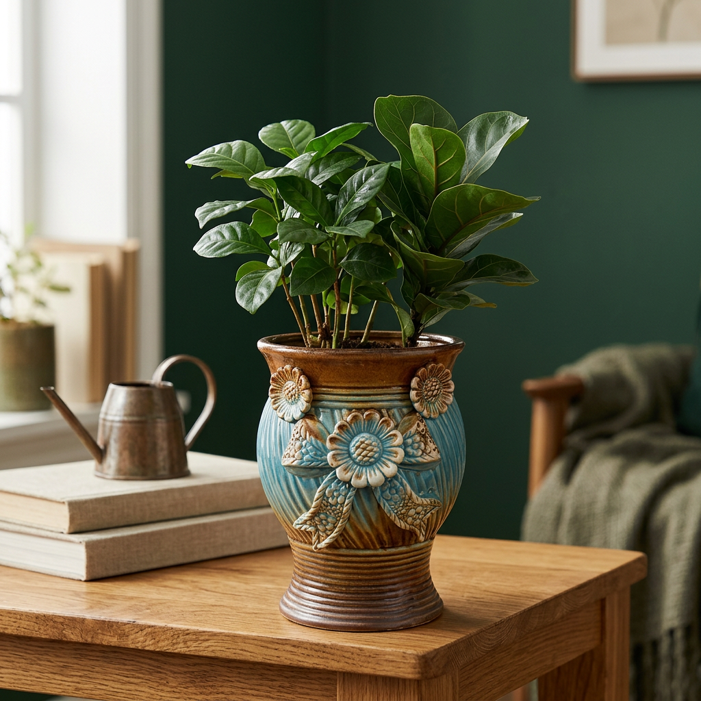 Stoneware Floral Relief Planter, Retro Rough-Fired Pot
