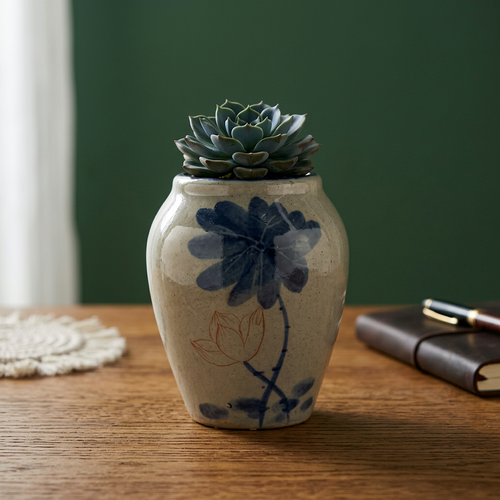 Blue and White Porcelain Succulent Pot, Hand-Painted