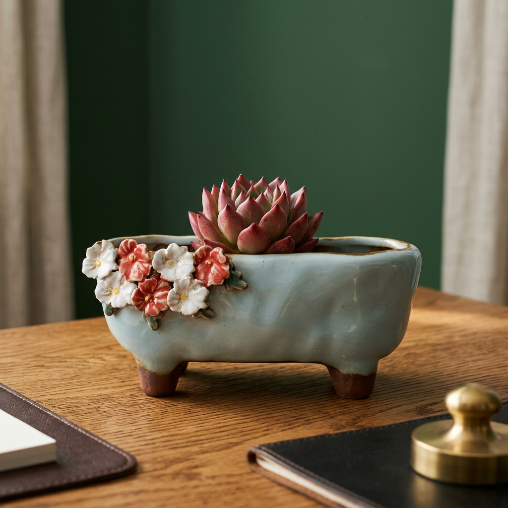 Strawberry Succulent Pot, Hand-Painted Stoneware