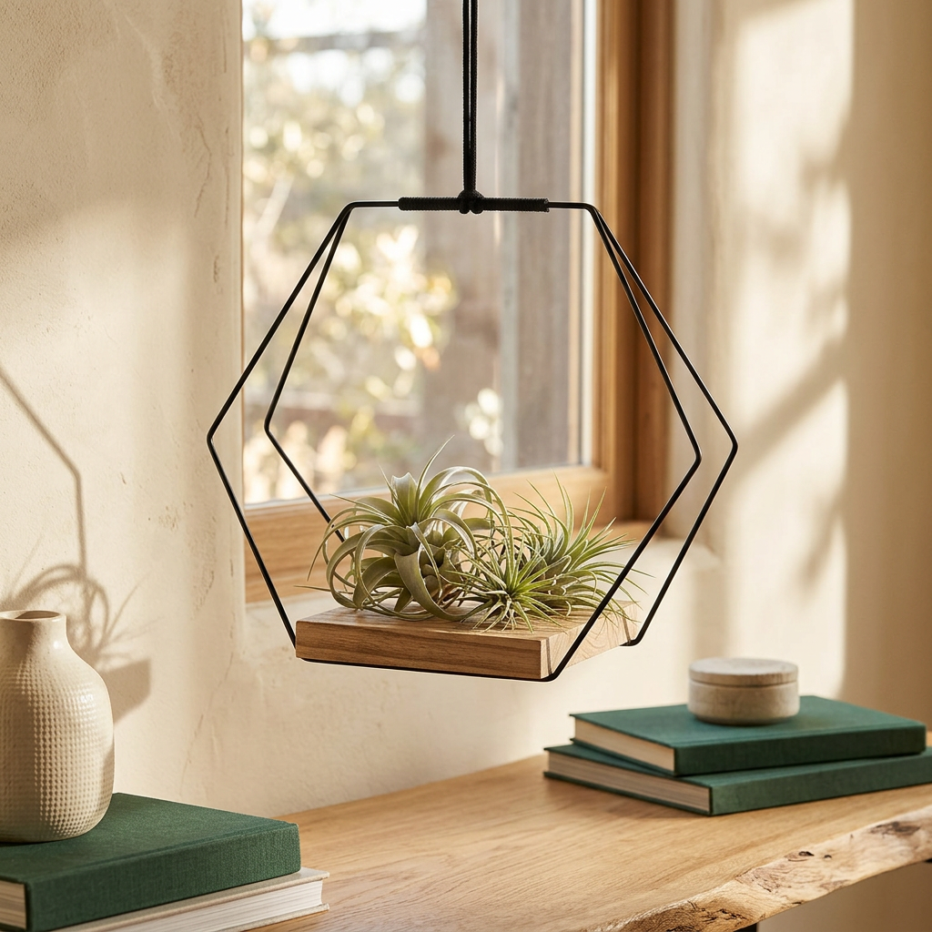Geometric Hanging Planter, Metal Frame with Wood Base